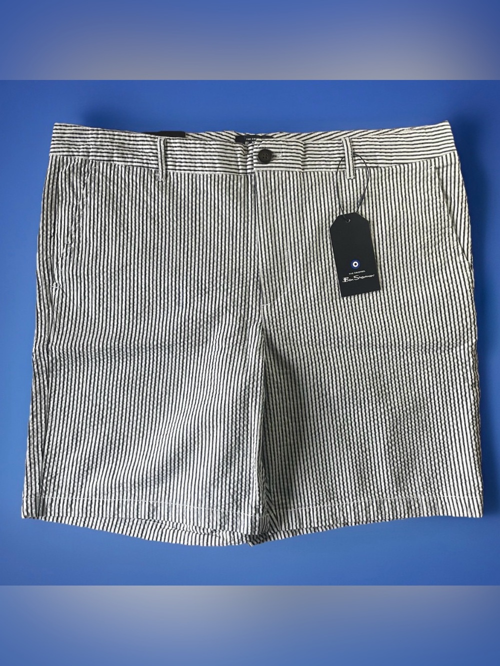 Ben Sherman Mens 36W Seersucker Shorts NWT Navy Blue White Striped Regular Fit